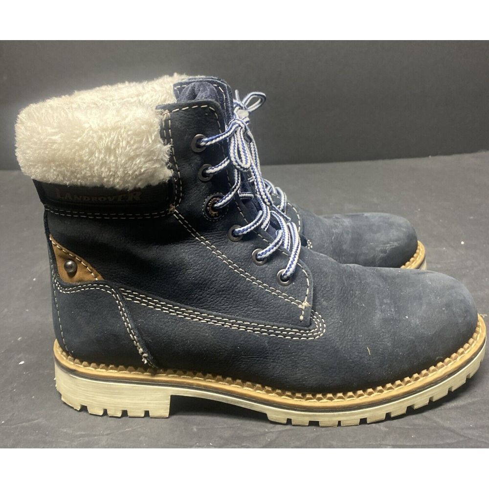 Landrover Blue Leather Ankle Boots Women's 38 Us 7.5 Faux Fur Padded Collar
